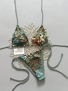 Costume de baie bikini cu imprimeu floral retro, în carouri, 2 buc., potrivite pentru plajă, piscină, croazieră, petrecere în vacanța de primăvară și de vară - Imprimeu de leopard verde - Vizualizare 2
