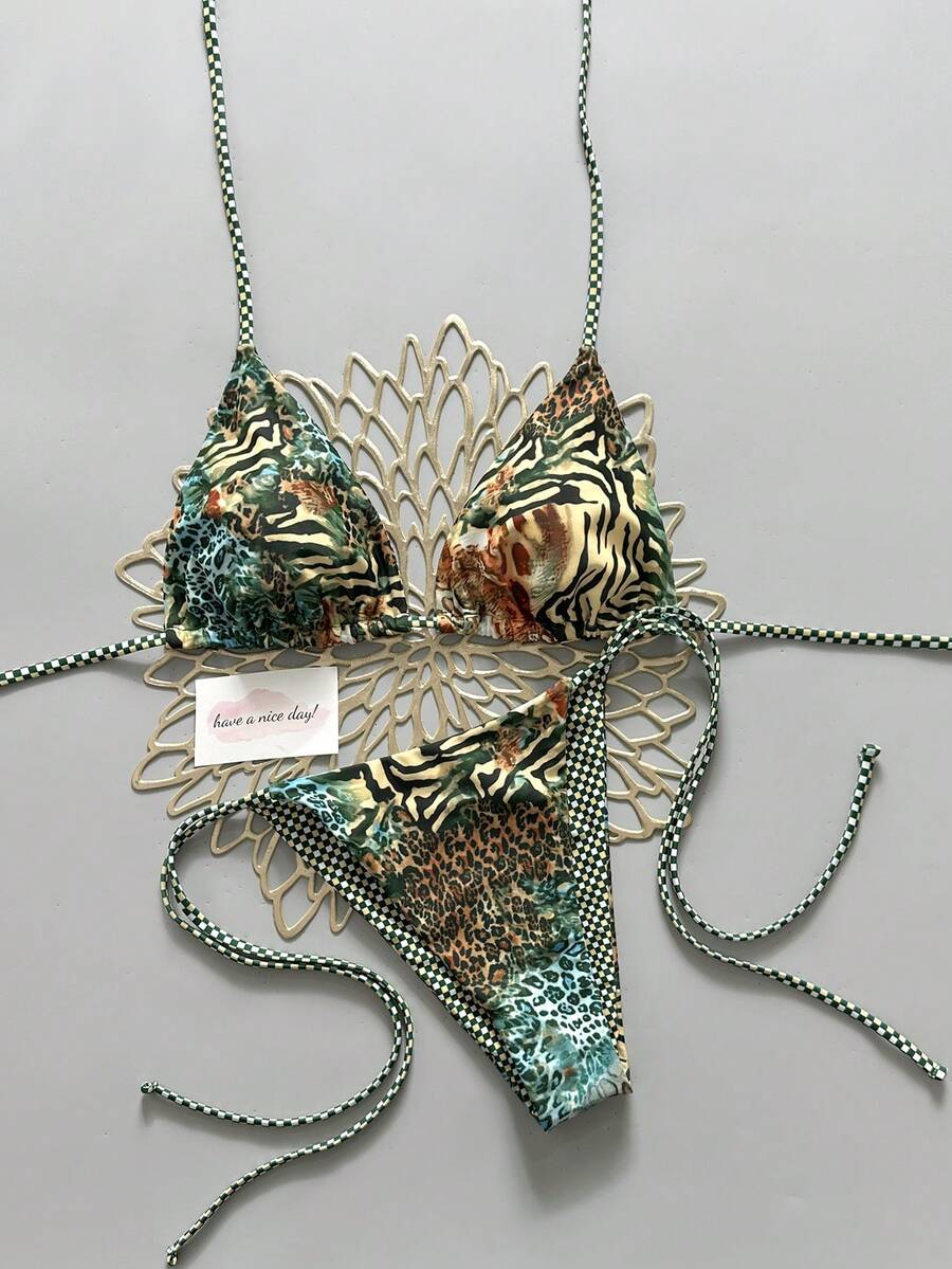 Costume de baie bikini cu imprimeu floral retro, în carouri, 2 buc., potrivite pentru plajă, piscină, croazieră, petrecere în vacanța de primăvară și de vară