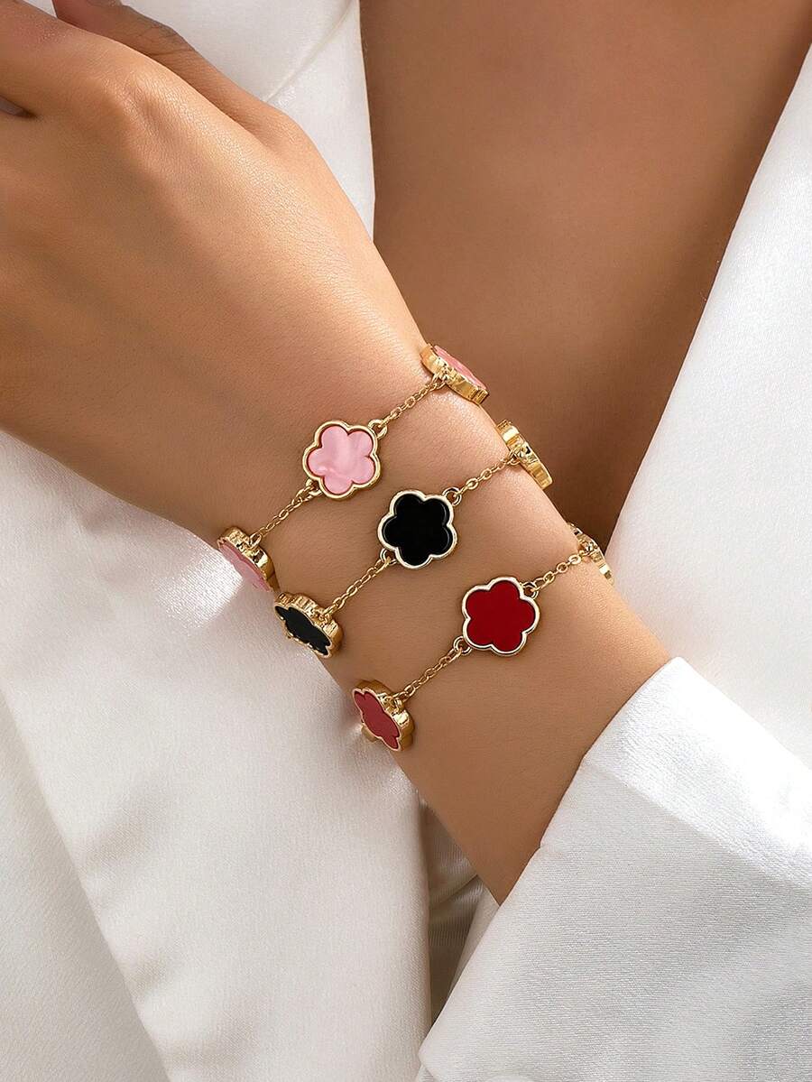 3/1 Set Pink, Black And Red Clover Bracelets, Fashion Classic Design, Suitable For Daily Wear, Dates, Formal Occasions, Elegant Ladies Accessories, Couple Gifts (No Gift Box) - Multicolor - View 1
