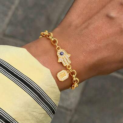 1pc Simple Classic Block Initial Eye Hamsa Hand Golden Stainless Steel Chain Bracelets For Women