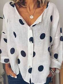 Women's Fashionable White Polka Dot Blouse, V-Neck 3/4 Sleeve Button-Up Top, Casual Loose Polyester Shirt, Suitable For Daily Wear Vacation - Multicolor - View 1