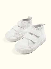 1 Pair Unisex Toddler Solid Canvas Sneakers Double Hook & Loop Closure Round Toe Low Top Flat Casual Shoes Classic Versatile Footwear For Kindergarten PE Class Daily Summer Walking Shoes - White - View 3