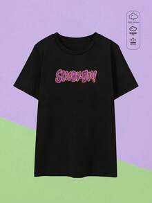 Elourie SHEIN X SCOOBY-DOO Damen-T-Shirt mit Rundhalsausschnitt, kurzen Ärmeln und lockerer Passform, einfarbig, aus 100 % Baumwolle. Das schwarze T-Shirt mit lustigem Cartoon-Welpen- und Herzballon-Print ist perfekt für Frühling/Sommer, Streetwear, Urlaub, Freizeit, Büro/Lounge/Zuhause/Outdoor-Sport, Retro-Stil, schlichtes, verspieltes Design, ganzjährig tragbar, mit Film- und Anime-Motiven, für Teenager, Unisex, Partnerlook, Retro-80er-Jahre-Filme, Retro-90er/Y2K, Feiertage. - Schwarz - Übersicht 2