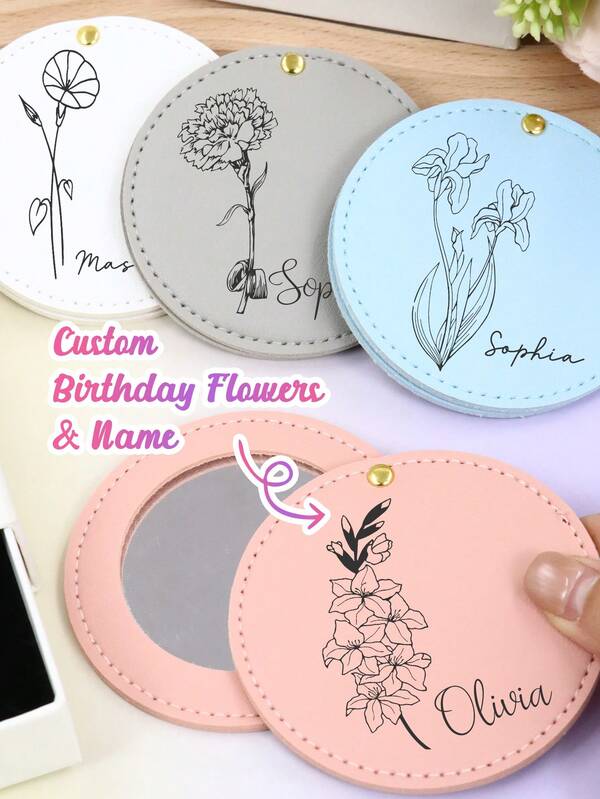 Custom Pocket Mirror With Birth Flower, Elegant Floral Style Makeup Folding Mirror For Travel, Purse & Daily Touch Up Scene, Personalized Mini Mirror Gift For Mother'S Day, Customized Compact Mirror For Beauty Routine, Customizable Name Design For Women, Bridesmaid, Friends And Special Occasions