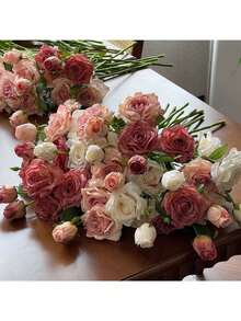 3支/1件 21.6英寸 3头人造丝玫瑰花束，复古法式边玫瑰，长茎丝绸牡丹花束，人造花，仿真植物，适合母亲节礼物、生日礼物 - 粉色 - 查看 8