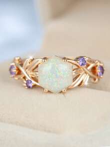 1pc Elegant Hexagon Synthetic Opal Ring, Leaf & Flower Design Ring, Wedding Ring, Promise Ring - Ring - View 1
