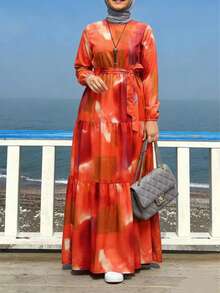 Damen orangefarbenes Kleid mit Langarm und Taillengürtel, eleganter arabischer Urlaubsstil für den Frühling - Verschiedenfarbig - Übersicht 3