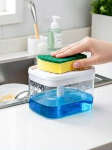 1 pièce Distributeur de savon avec support d'éponge, comprend 1 éponge, forme carrée compacte, accessoire d'évier, distributeur de détergent/liquide pour le lavage des mains, étagère de rangement de cuisine (noir/beige) - multicolore - Voir 3