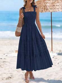 Women's Boho A-Line Maxi Dress, Summer Sleeveless Tie Shoulder Smocked High Waist Long Sundress With Pockets, Casual Dress For Beach Vacation & Holiday Outings - 藏蓝色 - 查看 6