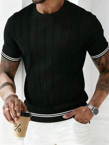 GRDR 男士夏季罗纹圆领针织短袖毛衣 - 黑色 - 查看 3