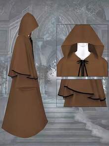 中世纪复古连帽斗篷，嘉年华歌剧表演长袍，巫师死神角色扮演服装 - 卡其色 - 查看 3