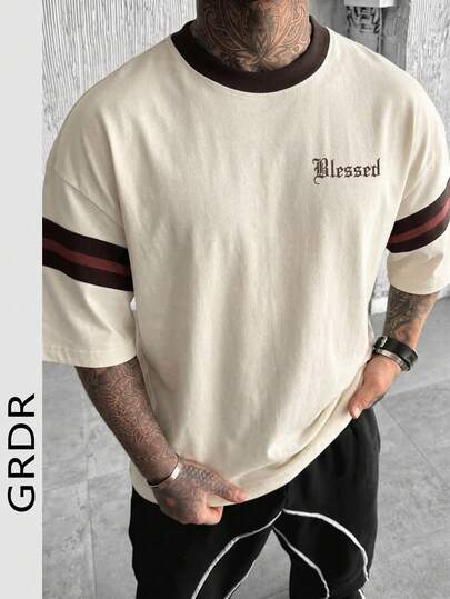  GRDR Men's Fashionable Contrast Color Round Neck Drop Shoulder Short Sleeve Comfortable Versatile Casual Sporty T-Shirt, Summer