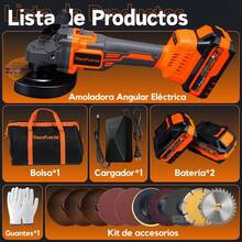 125mm Esmeriladora Angular Inalámbrica,20V Amoladora Inalámbrica-1300W Motor Sin Escobillas,9000RPM Amoladora Angular Con 2 baterías - Naranja - Ver 2