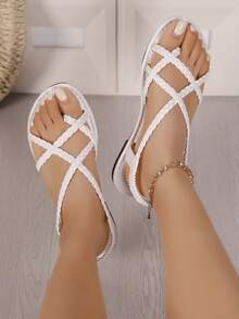 女士编织交叉绑带平底凉鞋，露趾设计，后跟弹性绑带，夏季休闲罗马鞋 - 白色 - 查看 4