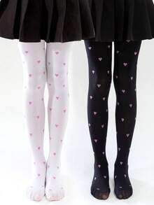 2 piezas Medias elásticas de unicolor para niños con patrón de corazón y flor oscura, pantimedias para baile - Multicolor - Ver 6