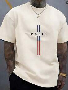 Men's Casual 100% Cotton Soft Crew Neck T-Shirt Daily Wear, High-Quality Plus-Size Pure Cotton Menswear,Mens Cotton T-Shirt, Paris Graphic Design, - 杏色 - 查看 10