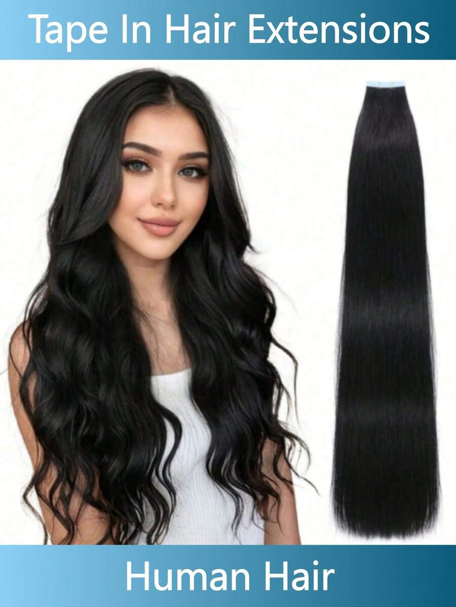 Lsybeauty 20pcs Straight Tape In 100% Remy Human Hair Extension For Salon Multicolor Color Black Color 1B# 16-26 Inches Silk Straight Seamless Skin Weft Hair Extension Tape In Hair Tape Ins Hair Extentions - Natural Black - View 1