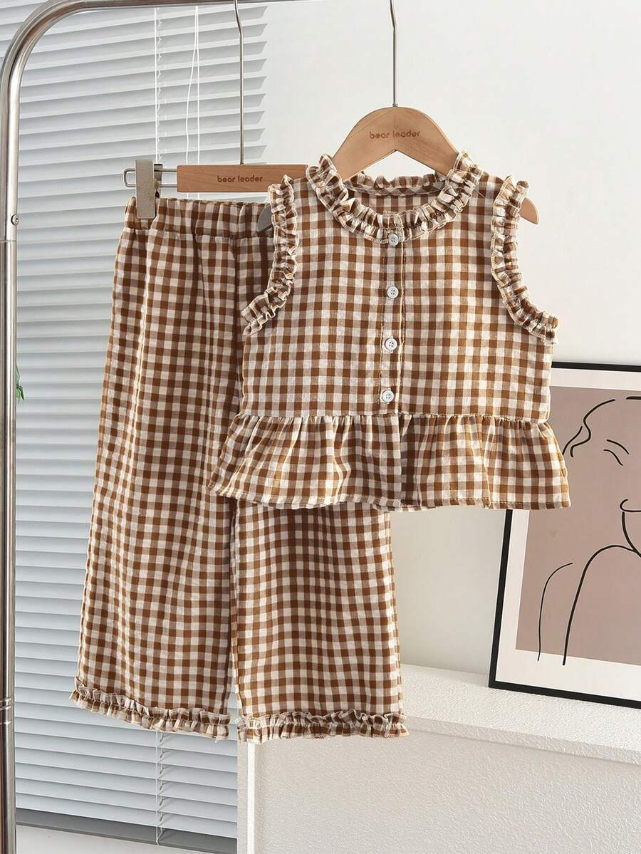 2pcs/Set Young Girl's Fashionable Floral Trim Plaid Vest And Pants Set, Summer - Khaki - View 1
