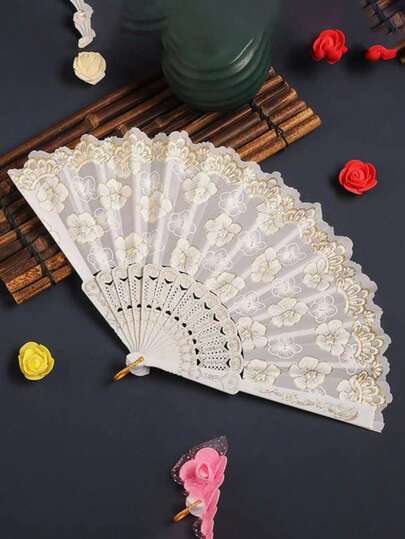 1把白色樱花金箔印花复古宫廷风蕾丝手扇，适合家居装饰、母亲节礼物、节日礼物、派对装饰、摄影道具