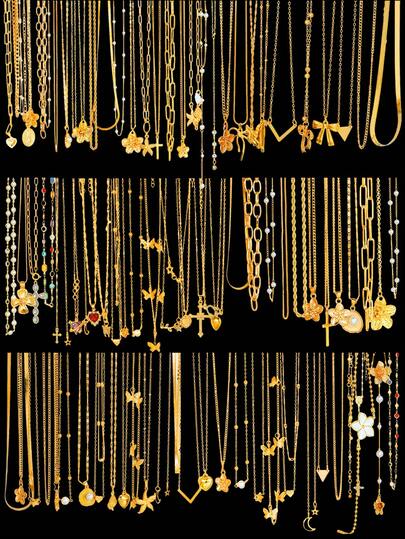 3/6/9pcs Random Elegant Faux Pearl Colorful Crystal Star, Moon, Heart, Flower, Butterfly, Shell, Bow, Cross, Geometric Pattern Necklace Set, Suitable For Dates, Parties, Balls, Festivals, Birthdays, Daily Wear