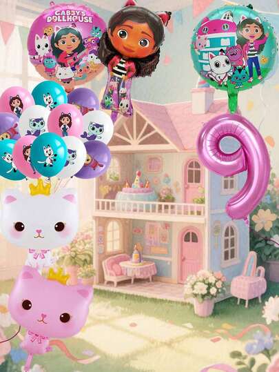 MASSDI Gabby Doll House Birthday Party Balloon Decoration Set, Includes 32-Inch Pink Number Foil Balloons (1-9), Large Gabby And Crown Cat Character Foil Balloons, Round Theme Print Foil Balloons, And Cat Character Print Latex Balloons. Made Of High-Quality Aluminum Foil And Durable Latex, Can Maintain Inflation For A Long Time, Very Suitable For Birthday Celebrations, Themed Parties, Photo Backdrops, And Indoor/Outdoor Event Decorations, Creating A Dreamy And Joyful Atmosphere.