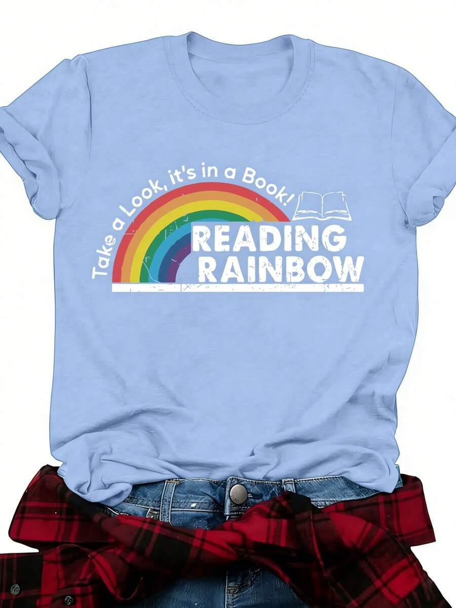 Women's T-Shirt Fitted Tops Print Y2K Crew Neck Tee-Plus Size - Women'S Red T-Shirt - Reading Rainbow Graphic Tee With Book Design - Casual Everyday Shirt For Teachers, Book Lovers - Valentine'S Day & Back To Outfits - Soft Everyday Top, Teacher Apparel, Playful Design, Comfortable Fit-Summer Festival Fashion, Adult Heavyweight T-Shirt - 淺藍色 - 查看 1