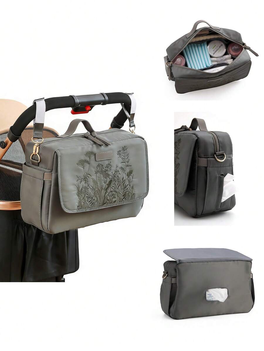 刺绣尿布包单肩包，适合爸爸妈妈使用，婴儿换尿布包，附赠2条婴儿车挂带，新生儿男女宝宝旅行收纳包，婴儿必备，母亲节礼物 - 彩色 - 查看 1