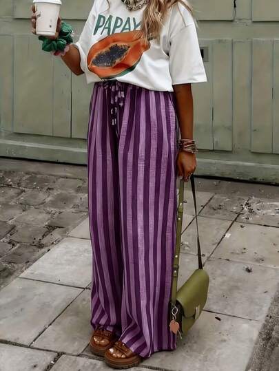 Women's Purple Striped Wide Leg Pants, Long Comfortable Wide Leg Pants, Drawstring Waist, Casual Bohemian Style Summer Bottoms Spring
