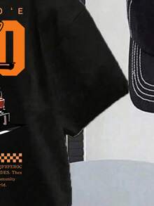 Conjunto informal para niño pequeño: Camiseta de manga corta con cuello redondo con estampado de letras y autos de carreras, y pantalones cortos - Negro - Ver 3