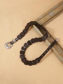 1pc Unisex Embossed Leather Woven Splice Skinny Belt, Casual Slim Waist Belt With Floral Silver Western Buckle, Fashionable Retro Cowgirl Denim Style Country Leather Belt - Dark Brown - View 5