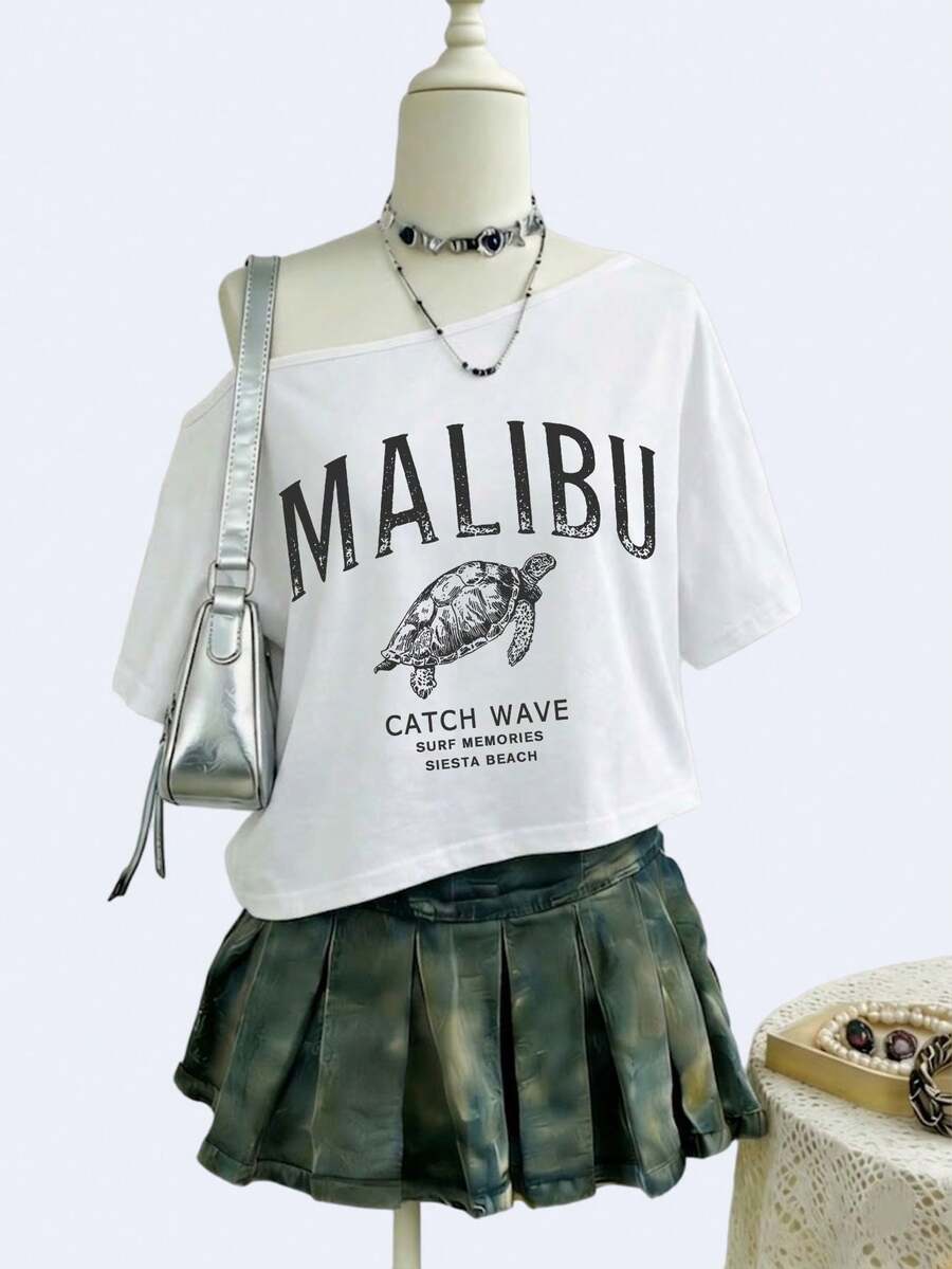 Women's Loose Open Shoulder Batwing Short Sleeve T-Shirt, With Sea Turtle & English Print White Casual Summer
