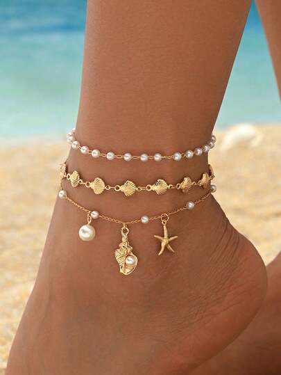 3pcs/Set Romantic Vacation Ocean Style Shell & Faux Pearl Handmade Anklet Decoration, Starfish & Seashell Pendant Anklet, Fashionable Gold Tone Anklet Set Suitable For Women's Daily Wear, Beach Party, Date, Handmade Chain Length Can Be Customized, Faux Pearl & Shell Quantity Is Random