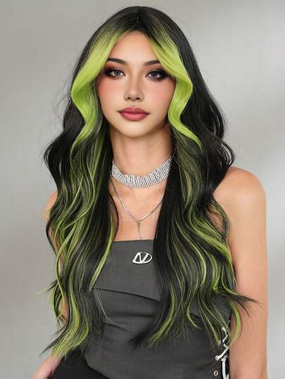 高密度合成假发 - 26英寸黑绿渐变色中分假发，适合万圣节和圣诞节派对，耐热纤维