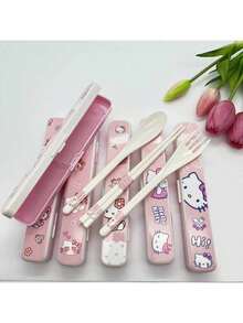 SANRIO 可爱猫咪造型学生筷子套装，ABS树脂材质，3件套便携餐具套装带收纳盒 - 彩色 - 查看 1