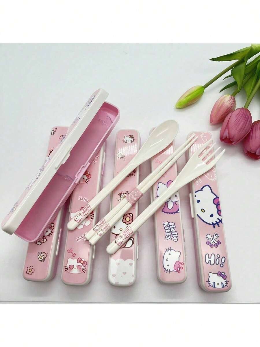 SANRIO 可爱猫咪造型学生筷子套装，ABS树脂材质，3件套便携餐具套装带收纳盒 - 彩色 - 查看 1