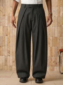 Men's Striped Print Zipper Crossover Loose Pants, Fall - Black - View 6