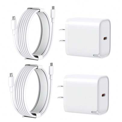 JcBlaon 1个/2个USB-C氮化镓充电器 - Type-C 20W快充，配3.3英尺Type-C数据线，旅行充电器带充电指示灯，兼容 15/16系列
