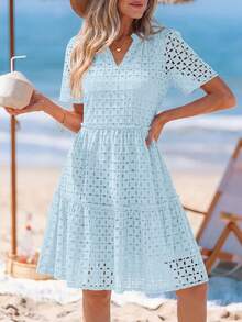 Women's Summer Dress V-Neck Hollow Eyelet Ruffle A-Line Hem Elegant Short Casual Wedding Graduation Travel Beach Holiday Vacation Light Blue Dresses For Women - 淺藍色 - 查看 1