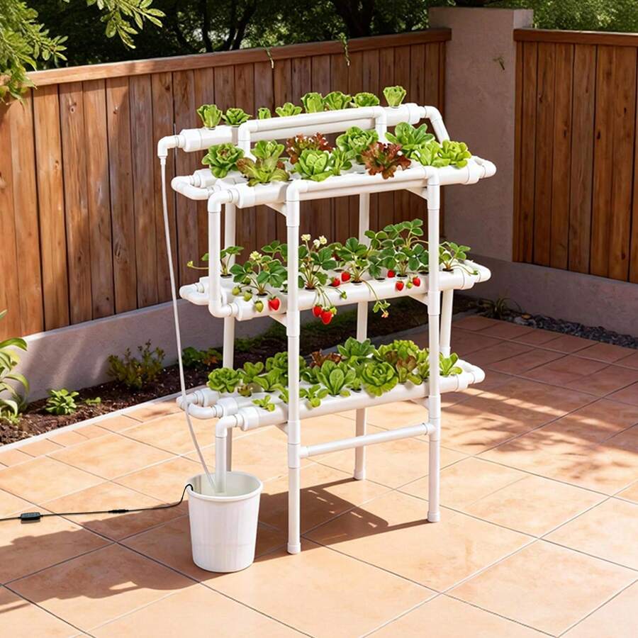 Hydroponics Growing System Kit, 3-Tier 90 Sites UPVC Pipe Hydroponic Grow Kit With Timed Irrigation, Sun & Light Blocking Pipes, Indoor Home Garden Vegetable Planting Grow Kits For Fruit Herb - 3 Layers, 90 Holes, Black and White - View 1