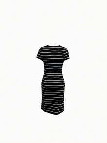 Women's Casual Striped Short Sleeve Shirt Dress With Drawstring Waist And Pockets - Navy Blue - View 4