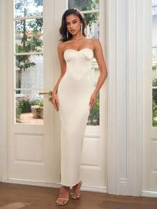 PARTHEA Đầm dạ hội màu trắng thanh lịch không dây vai bằng satin với thiết kế áo corset, chân váy dài ôm sát, thích hợp cho các sự kiện dạ hội trang trọng. - Màu be - Xem 6