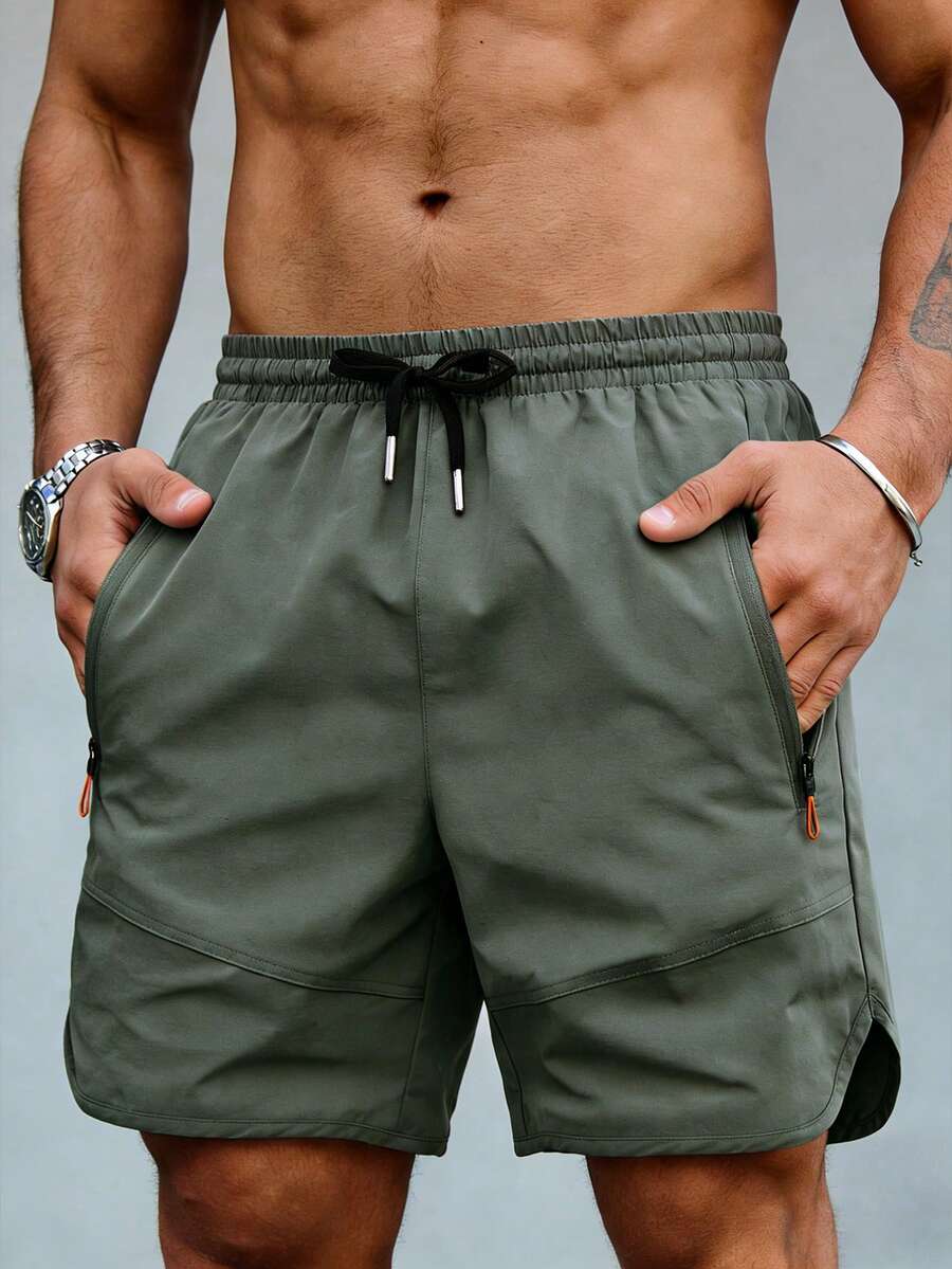 男士夏季透氣快乾百慕達運動短褲,彈性腰帶附口袋,休閒運動褲 - 軍綠色 - 查看 1