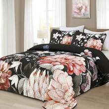 Floral Quilt Queen Size - 3 Pieces Black Quilt Botanical Bedspread Soft Lightweight Flower Bedding Set for All Season 96"x90" - Negro - Ver 3