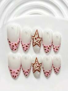 10pcs/Set Valentine's Day Handmade Nail Art Kit, Includes White Flower & Bow Decor, White & Red Gel Nails, French Polka Stickers, Heart Painting, Silver Beads Embedded, 3 Sizes Available: Almond/Square/Coffin Shape, With Set, Suitable Sweet Ladies & Girls, Valentine's Day/Party/Daily Wear Nail Supplies Handmade Press On Nails - Nhiều màu 23 - Xem 4