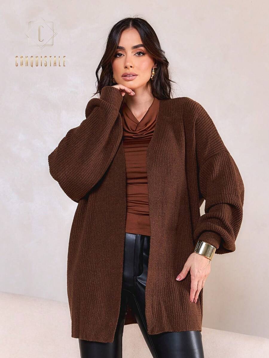 Women's Long Knitted Cardigan, Winter Fashion, Kimono Style - 鏽棕色 - 查看 1
