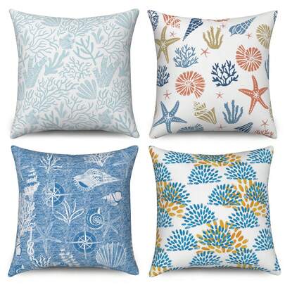 Bộ 4 vỏ gối mùa hè với họa tiết la bàn, sao biển, san hô và vỏ sò, màu xanh dương và trắng, thích hợp cho ngoài trời, phòng ngủ và trang trí nhà cửa. Chỉ in một mặt, không kèm ruột gối.