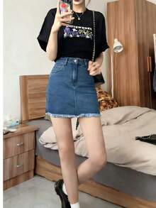 Váy mini denim cạp chun viền tua rua thường ngày cho nữ, mùa hè - Rửa trung bình - Xem 3