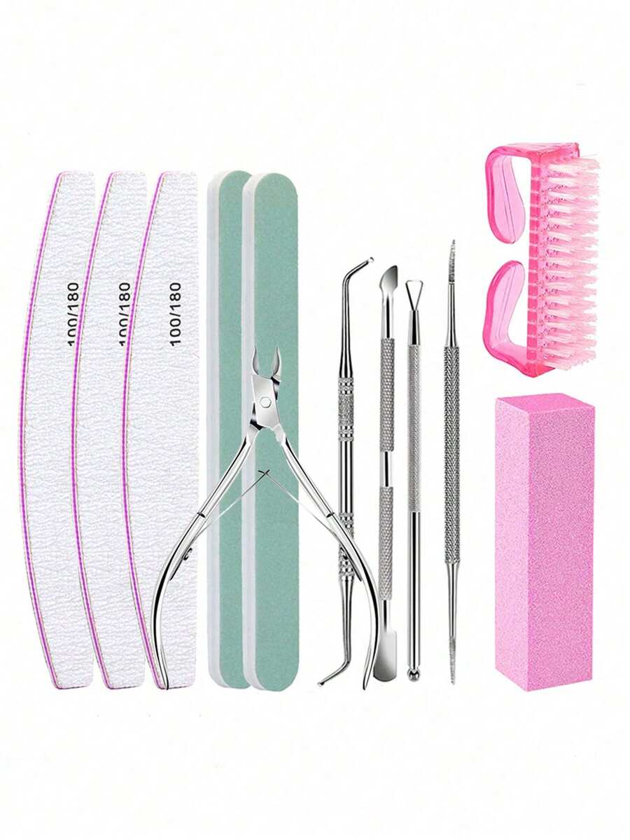 12pcs Manicure Tool Kit: 100/180 Grit Nail File, Buffing Block, Cuticle Nipper, Cuticle Pusher, Cleaning Brush, Professional Pink Nail Care Set, Manicure Tools, Wedding Season, Back To School Season - Multicolor - View 1