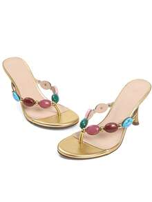 Women Jeweled Flip Flop Heels Sandals Summer Thong Strappy Mules Round Open Toe Fashion Wedding Party Beach Casual Shoes - 金色 - 查看 5