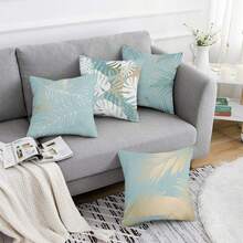 4 vỏ gối màu xanh bạc hà họa tiết lá vàng, vỏ gối trang trí sofa phòng khách sang trọng với họa tiết lá cọ vàng kim, chất liệu polyester in một mặt, có khóa kéo, có thể giặt, không bao gồm ruột gối. - Màu xanh bạc hà - Xem 6